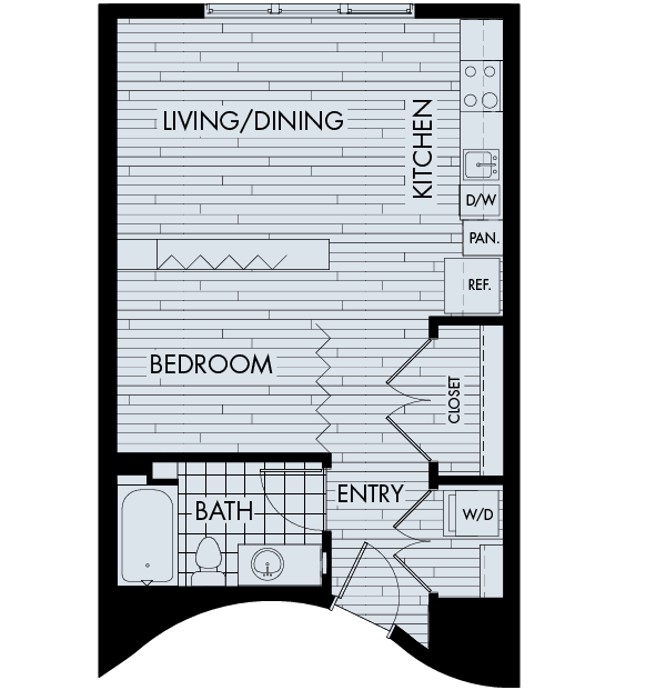 Floor plan for studio, 1 bath, 616 sqft